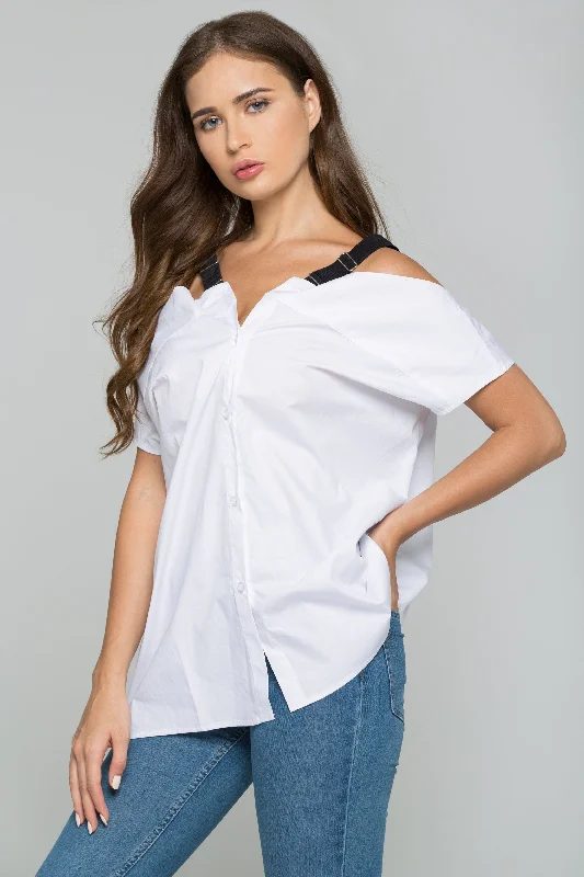 Casual Fashion White Cold-Shoulder Belt Strap Button-down Shirt