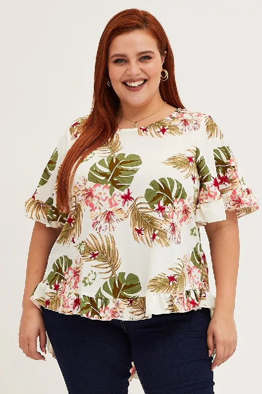 Exclusive Discounts Floral Printtop Round Neck Frill Detail Sleeve