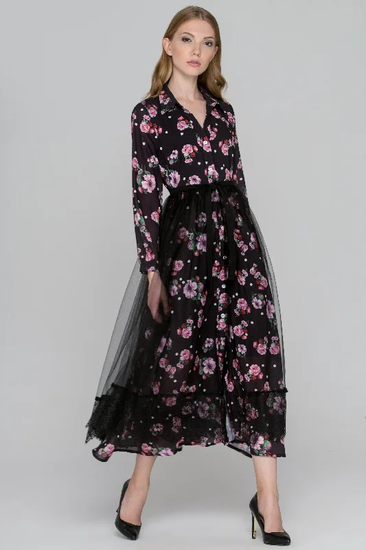 Street Style Discounts Black Floral Dots Tulle Layer Maxi Shirt Dress