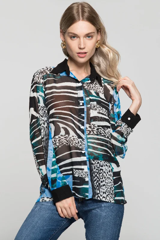 Latest Fashion Black White and Blue Mixed Animal Prints Shirt