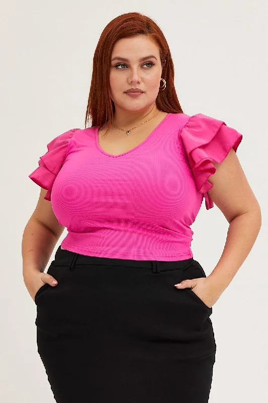 New In This Season Pink Cotton Top Crew Neck Layered Flutter Sleeve