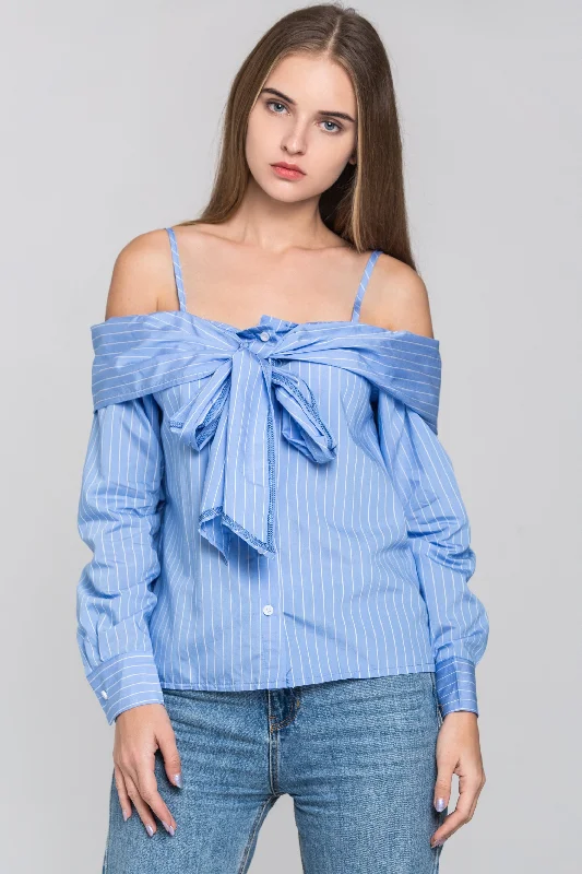 Bold Style Discounts Sky Blue Pin Stripes Cold Shoulder Tie Bandeau Top