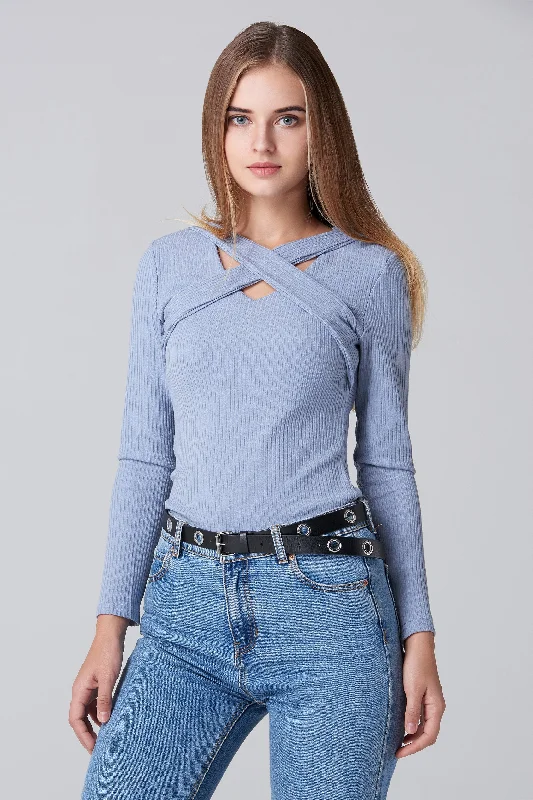 Limited-Time Offer Blue Cross Body Sleeved Top