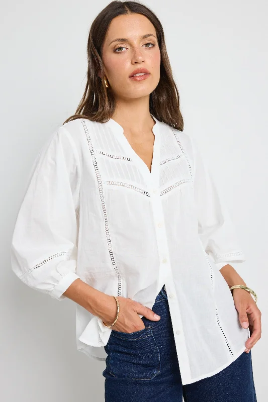 Unleash Your Style Ornamental White Lace Insert Pintuck SS Shirt