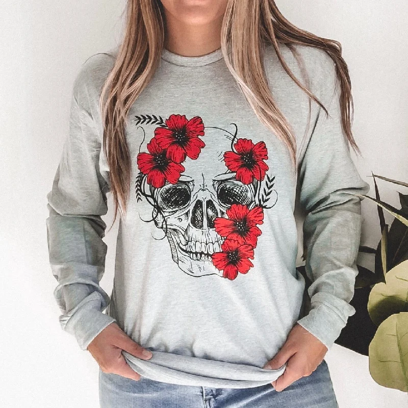 Breathe Easy In Comfortable Yoga Outfits Floral Skull • Gray Long Sleeved