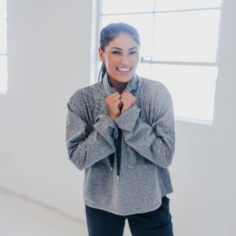 Move With Confidence In Discounted Yoga Outfits Going Places Pullover - Navy - Final Sale Move With Confidence In Discounted Yoga Outfits Going Places Pullover - Navy - Final Sale
