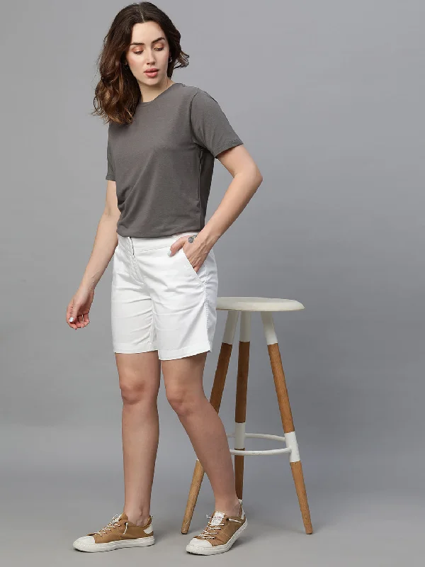 Flow In Comfort With Stylish Discounts Women's White Cotton Elastane Regular Fit Shorts Flow In Comfort With Stylish Discounts Women's White Cotton Elastane Regular Fit Shorts