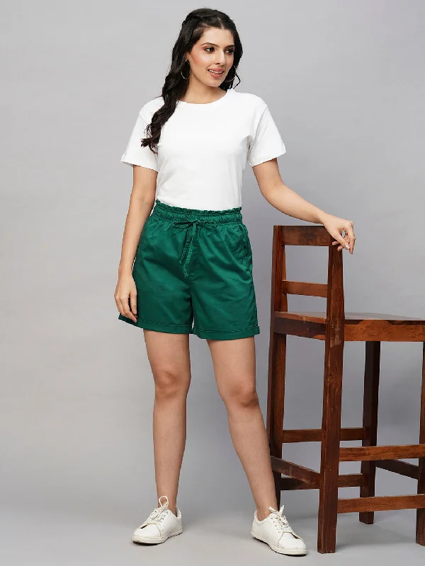 Yoga Wear At Unbeatable Prices Women's Green Cotton Lycra Regular Fit Shorts