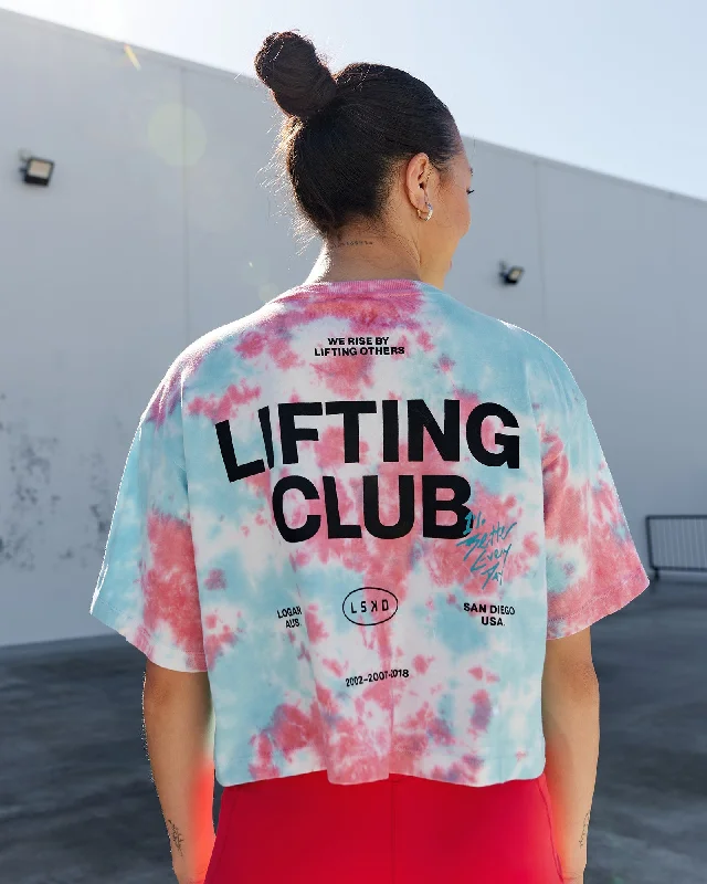 Yoga Apparel Designed For Movement At Lower Prices Lifting Club Cropped Heavyweight Tee - Scarlet-Tie Dye Yoga Apparel Designed For Movement At Lower Prices Lifting Club Cropped Heavyweight Tee - Scarlet-Tie Dye