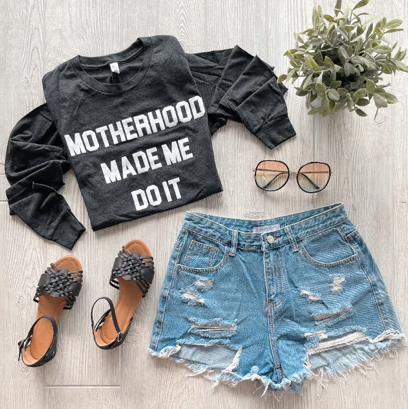 From Warm-Ups To Cooldowns, Shop And Save Motherhood Made Me • Heather Black Tri-blend Long Sleeve From Warm-Ups To Cooldowns, Shop And Save Motherhood Made Me • Heather Black Tri-blend Long Sleeve