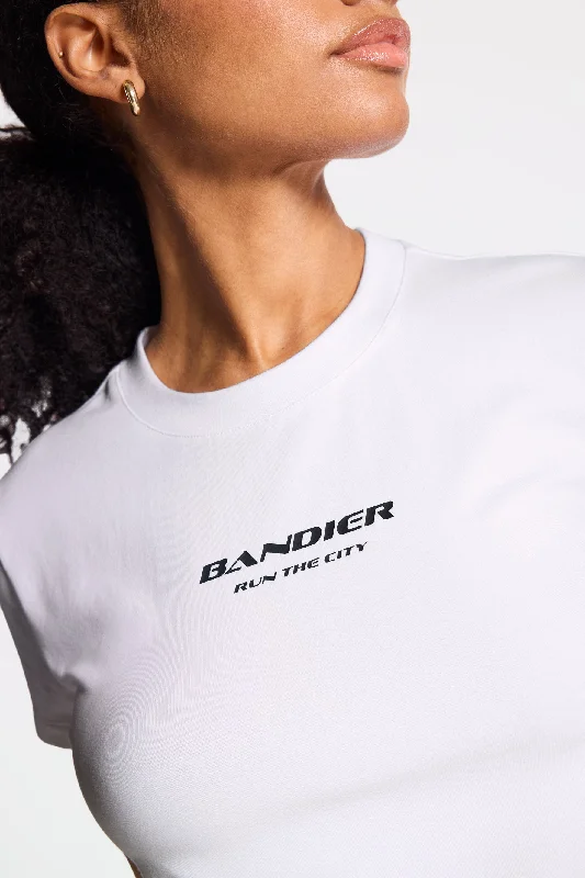 The Best Yoga Clothing At The Best Prices Run the City Baby Tee - White/navy Blazer