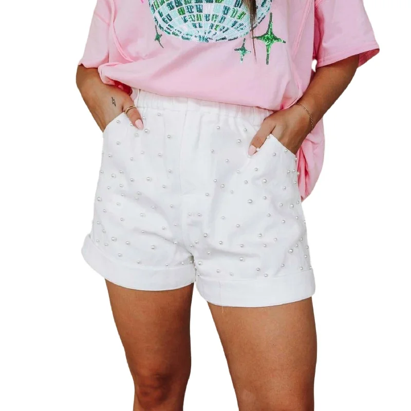 Upgrade Your Yoga Wardrobe For Less Women's Pearl Studded Paperbag Shorts In Off White Upgrade Your Yoga Wardrobe For Less Women's Pearl Studded Paperbag Shorts In Off White